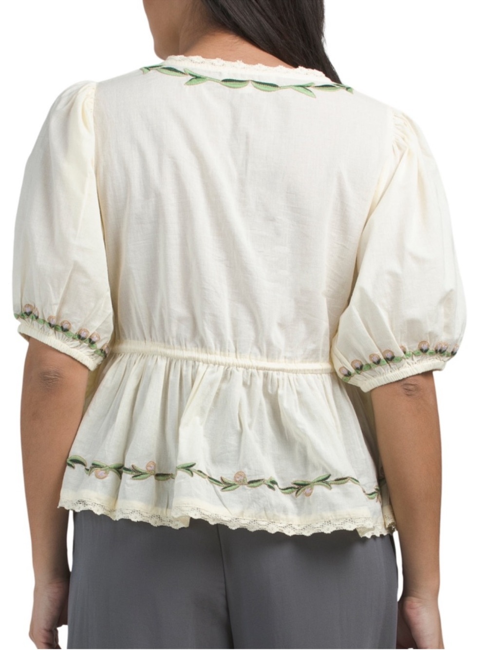 Cream Floral-Embroidered Peasant Blouse with Drawstring NWOT - Picture 2 of 6